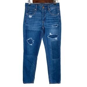 American‎ Eagle Tomgirl Jeans Women's 2 Patchwork Button Fly Midrise Med Wash